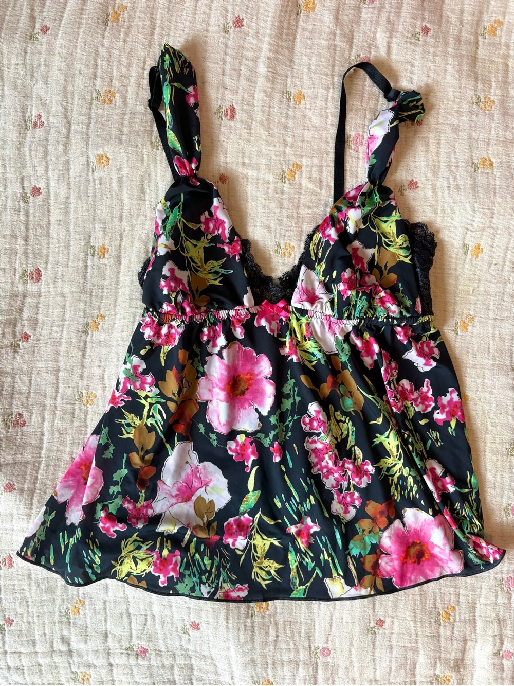 Floral Lace-Trim Cami Lingerie Tank Top - Black and Pink Floral Fairycore